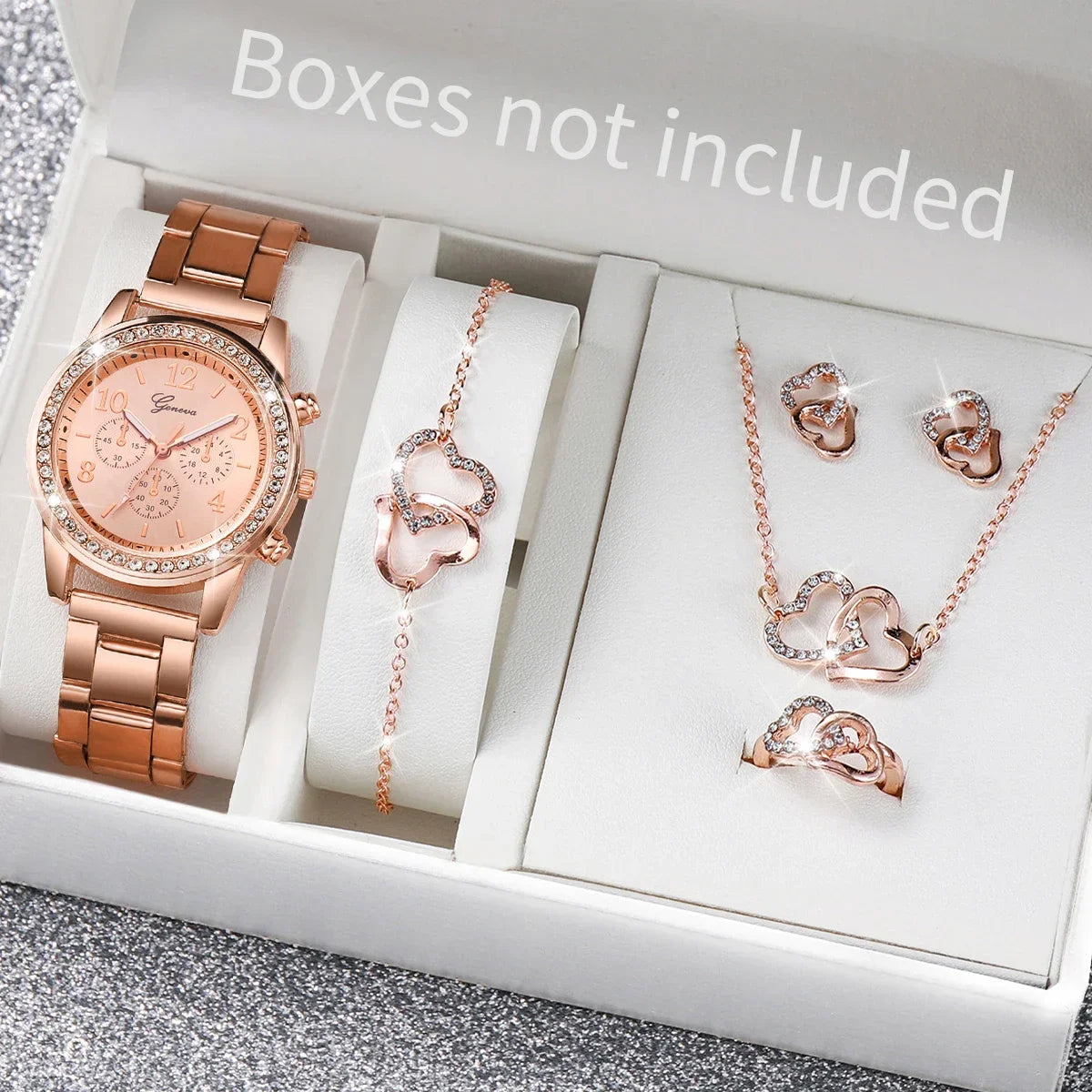 6PCS/Set Women's Watch Fashion Rhinestone Stainless Steel Band Quartz Watch Double Heart Jewelry Set(Without Box)